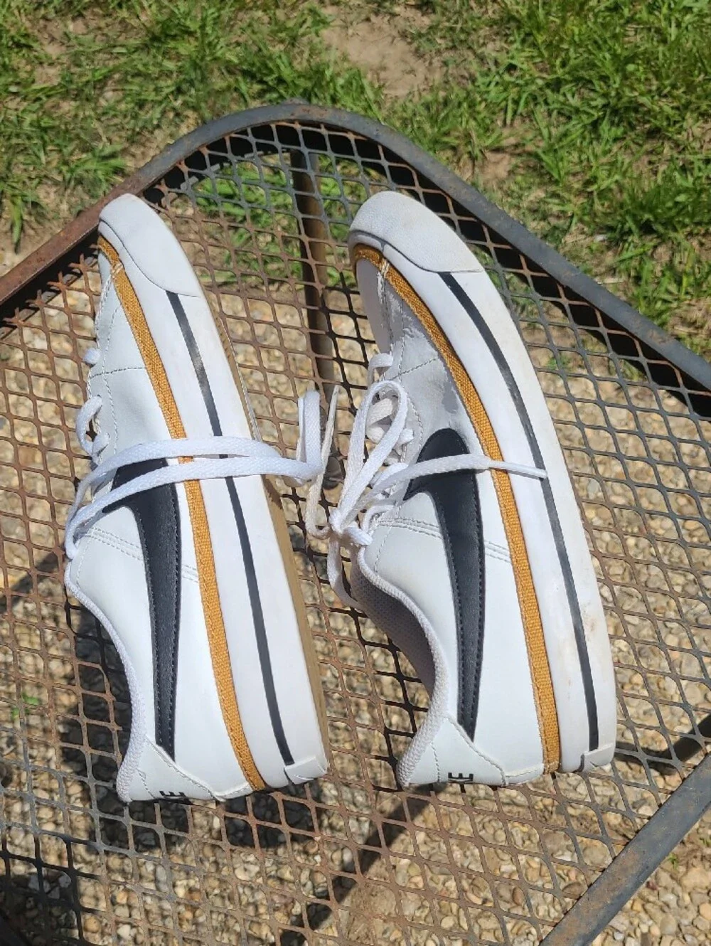 Nike White Low-Top Sneakers with Black Swoosh and Gold Trim Size 5 Youth